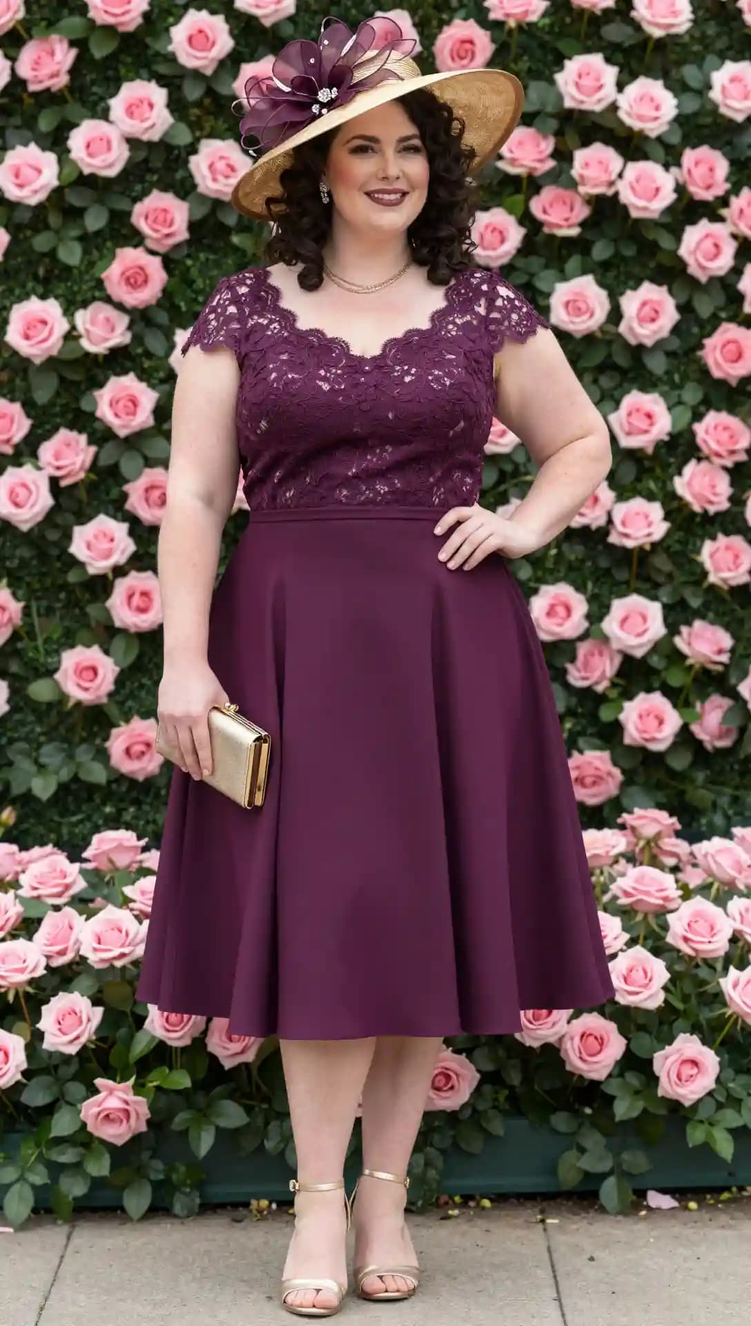 Purple Lace Bodice Dress + Tan Straw Hat