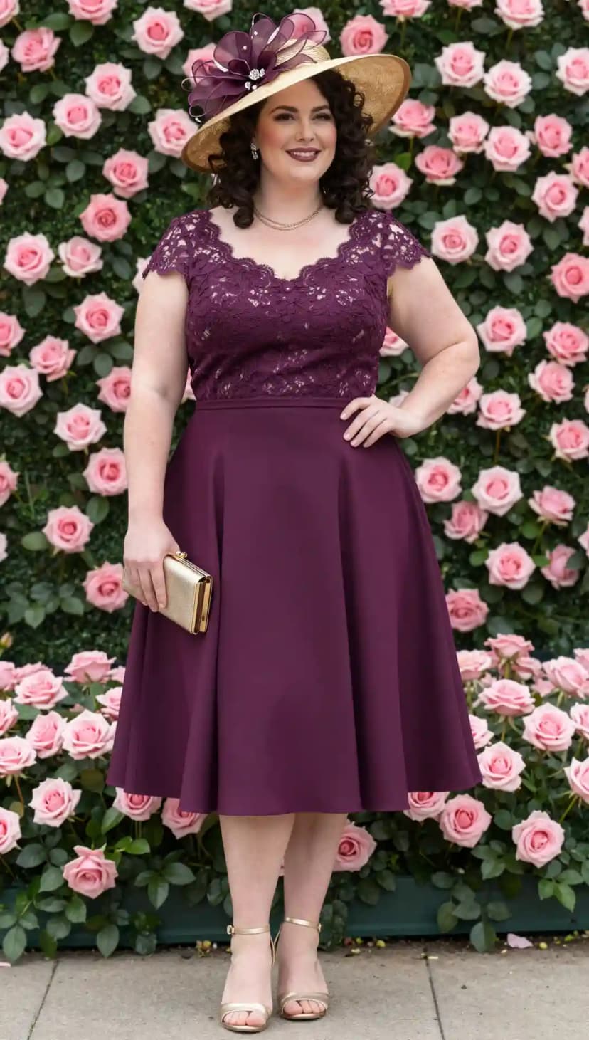 Purple Lace Bodice Dress + Tan Straw Hat