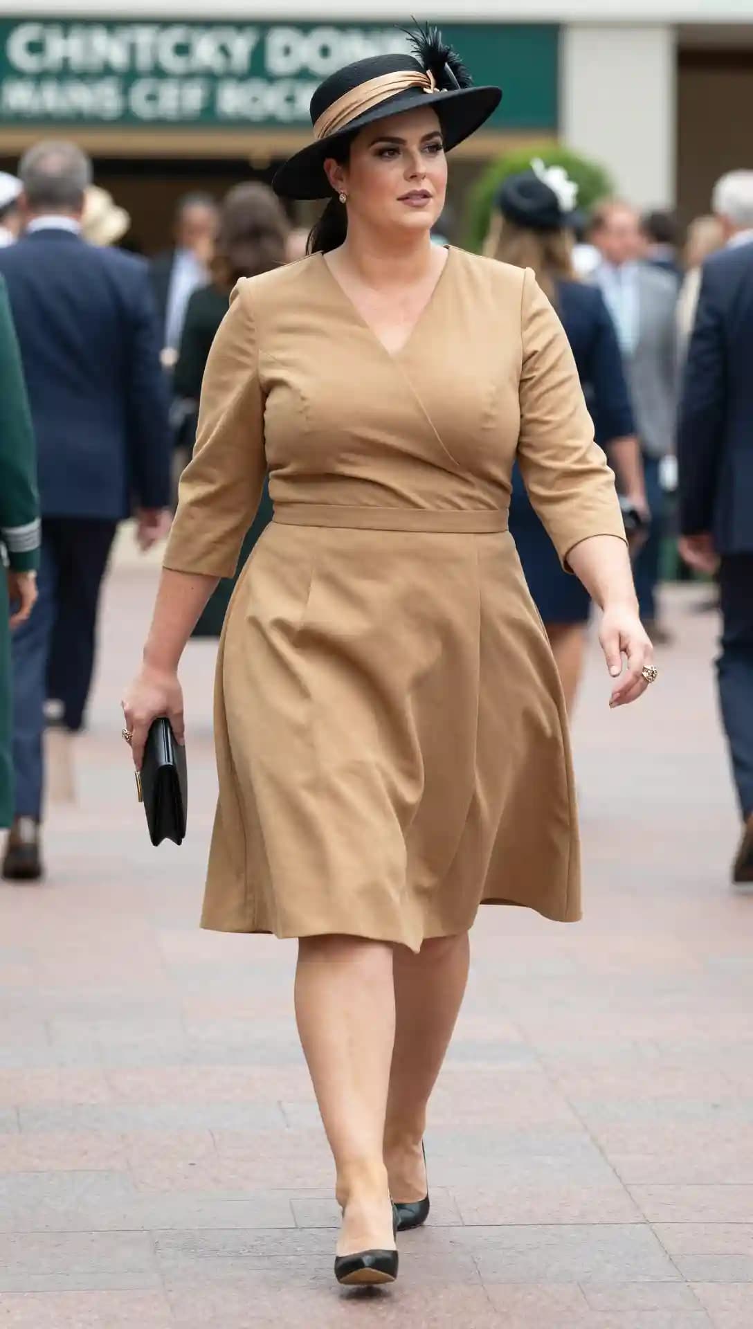 Camel Crepe Midi Dress + Black Leather Pumps + Black Clutch Bag + Black Wide Brim Hat