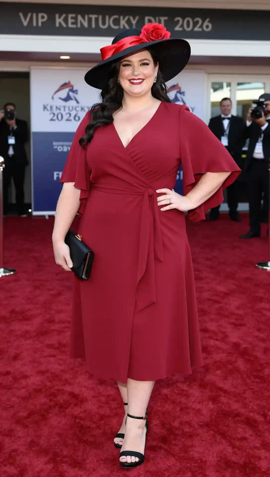 Burgundy Wrap Dress + Black Wide-brim Hat