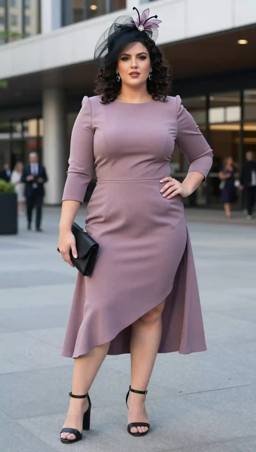 Dusty Rose Ponte Sheath Dress + Black Satin Clutch + Black Suede Strappy Heels + Black Net Fascinator