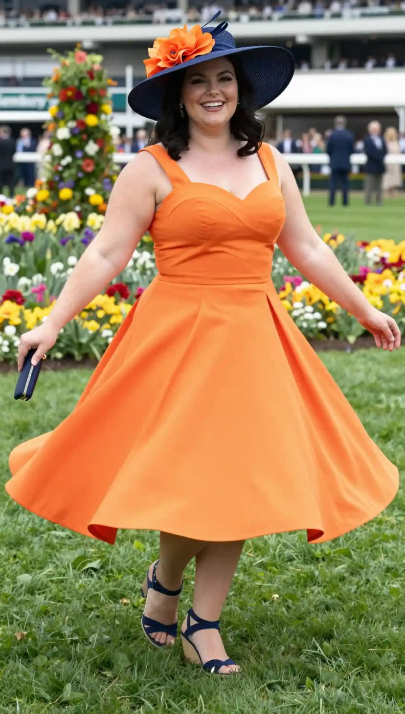 Orange Cotton Fit-and-Flare Dress + Navy Canvas Wedge Sandals + Navy Straw Fascinator Hat
