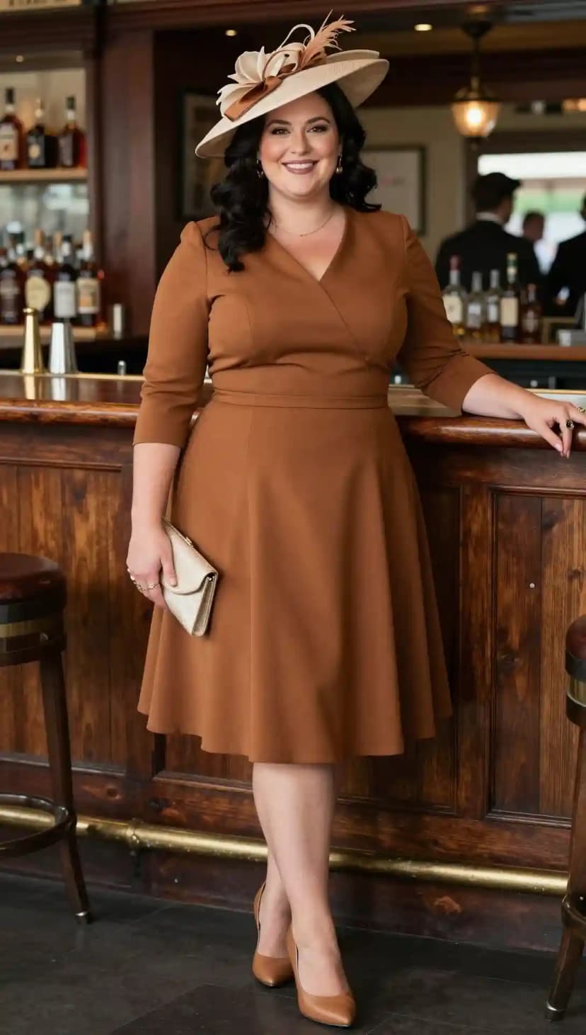 Brown Matte Jersey Wrap Dress + Champagne Satin Clutch + Gold Dangle Earrings