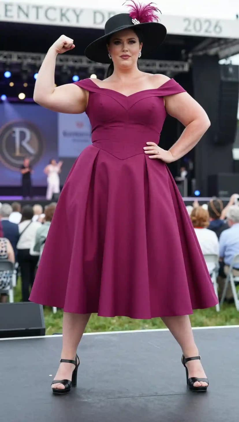 Plum Off-The-Shoulder Cotton Dress + Black Wide-Brimmed Hat