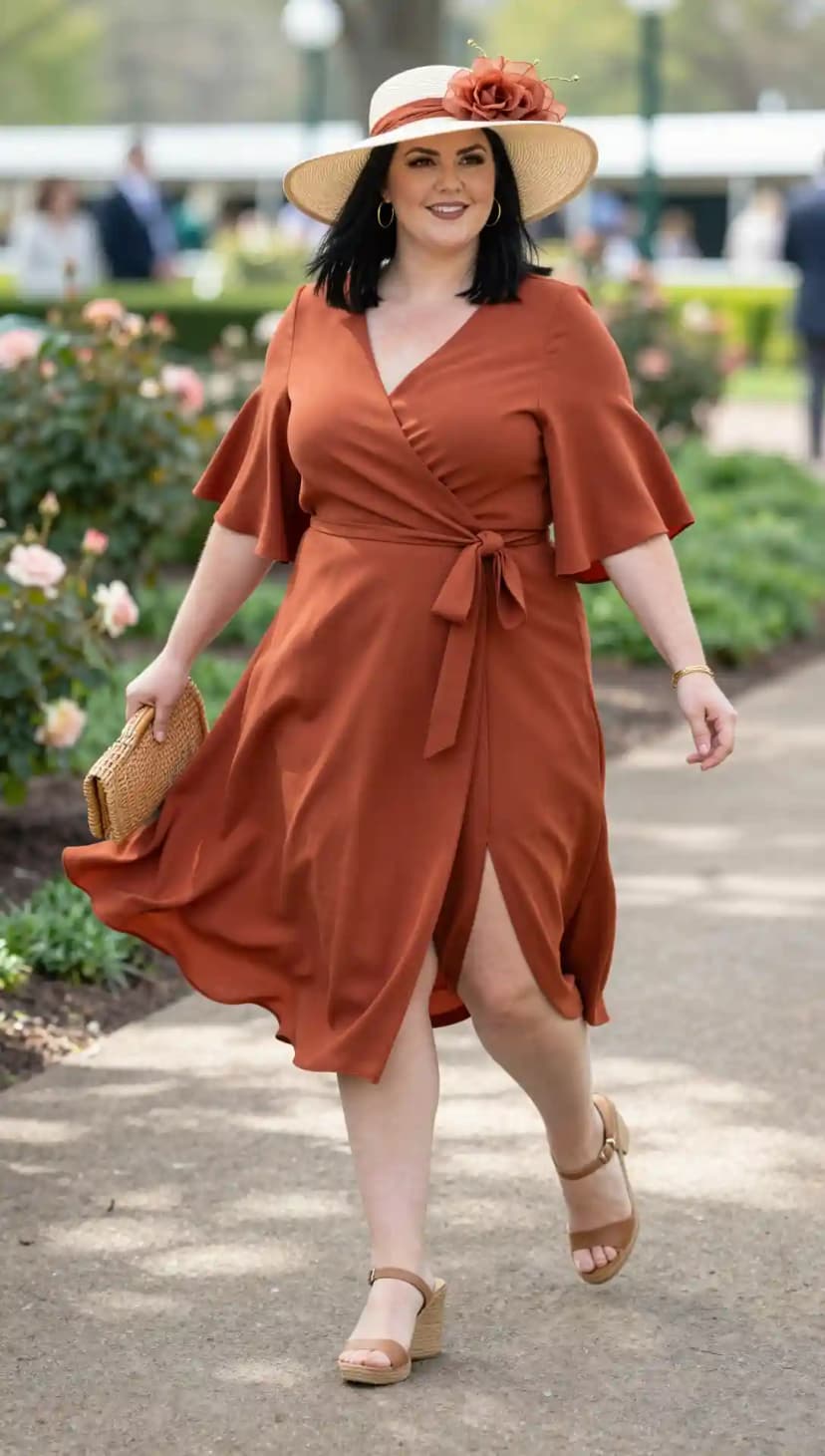 Rust Matte Jersey Wrap Dress + Straw Clutch + Tan Suede Wedge Sandals + Straw Sun Hat