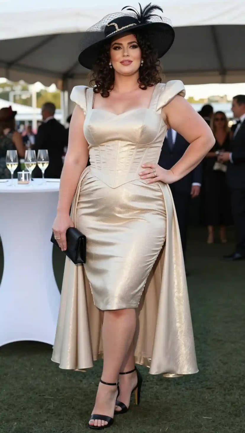 Champagne Satin Corset Dress + Black Strappy Heels + Black Clutch