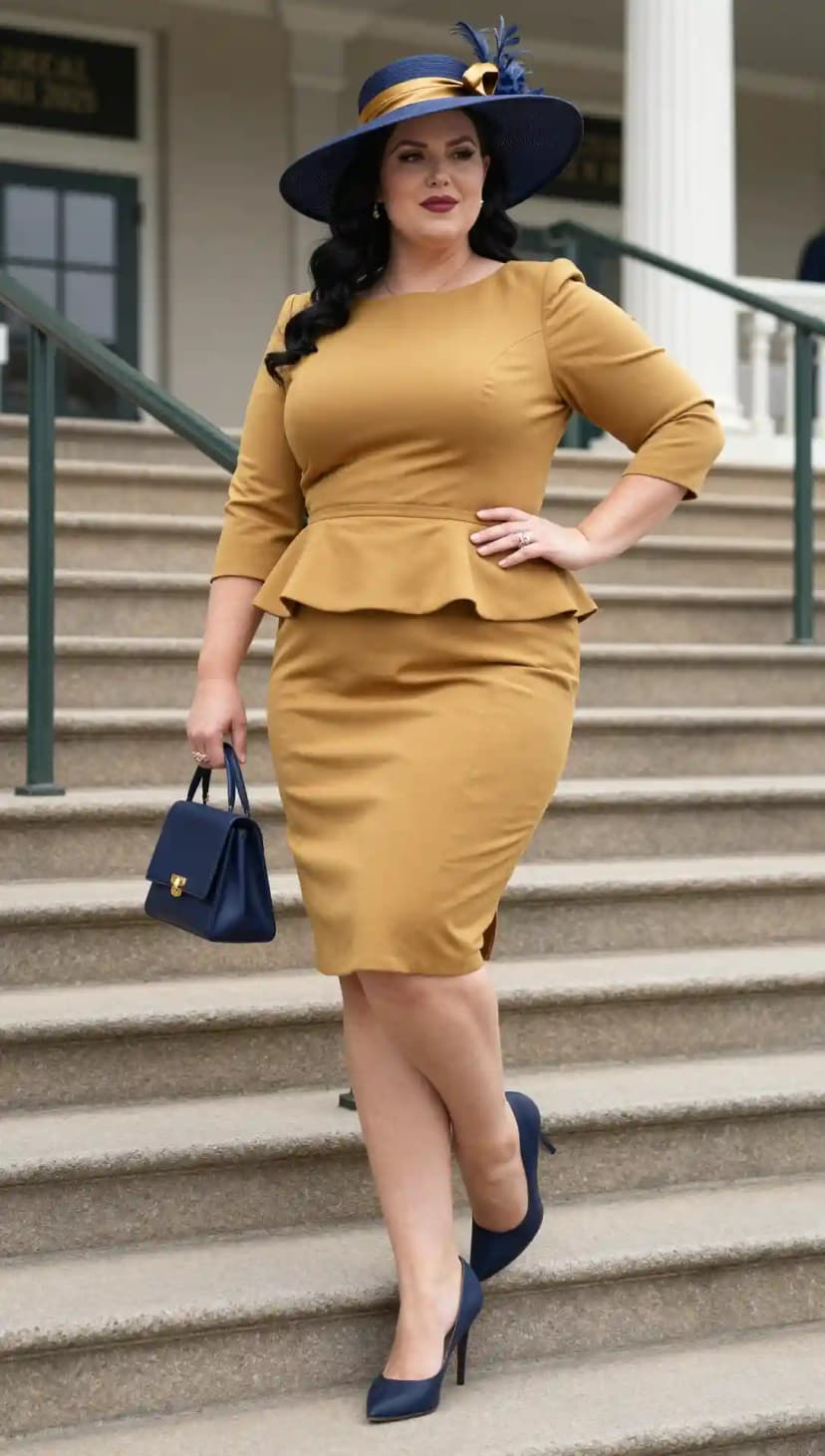 Mustard Crepe Peplum Dress + Navy Satin Pumps + Navy Leather Top-Handle Bag
