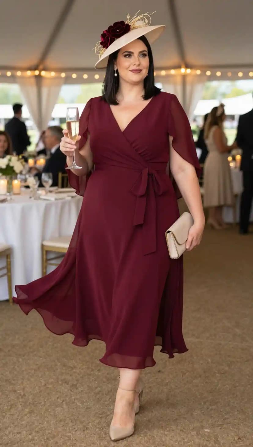 Burgundy Chiffon Wrap Dress + Beige Linen Hat + Beige Clutch