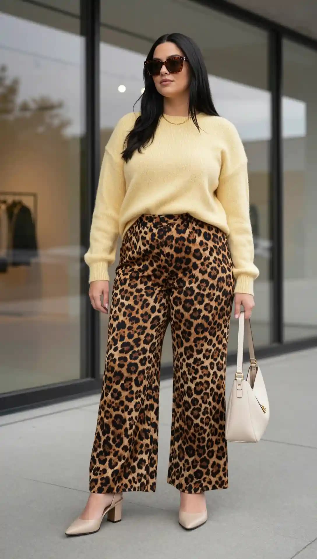 Yellow Knit Sweater + Leopard Print Wide-Leg Pants