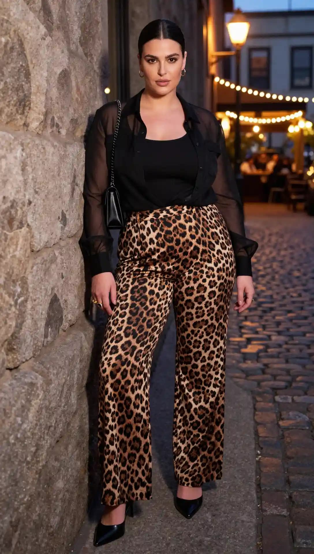 Sheer Black Blouse + Black Tank Top + Leopard Print Wide Leg Pants