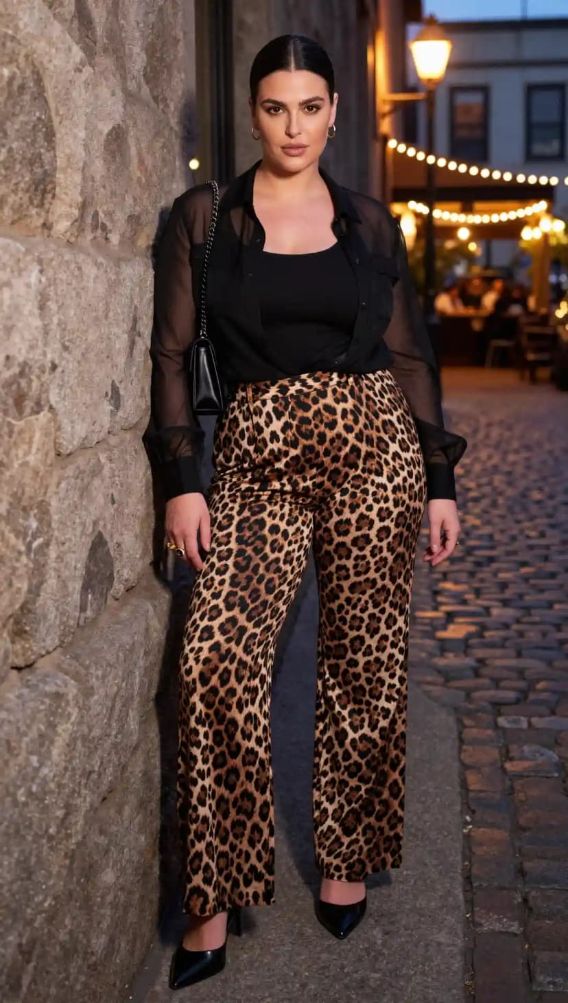Sheer Black Blouse + Black Tank Top + Leopard Print Wide Leg Pants