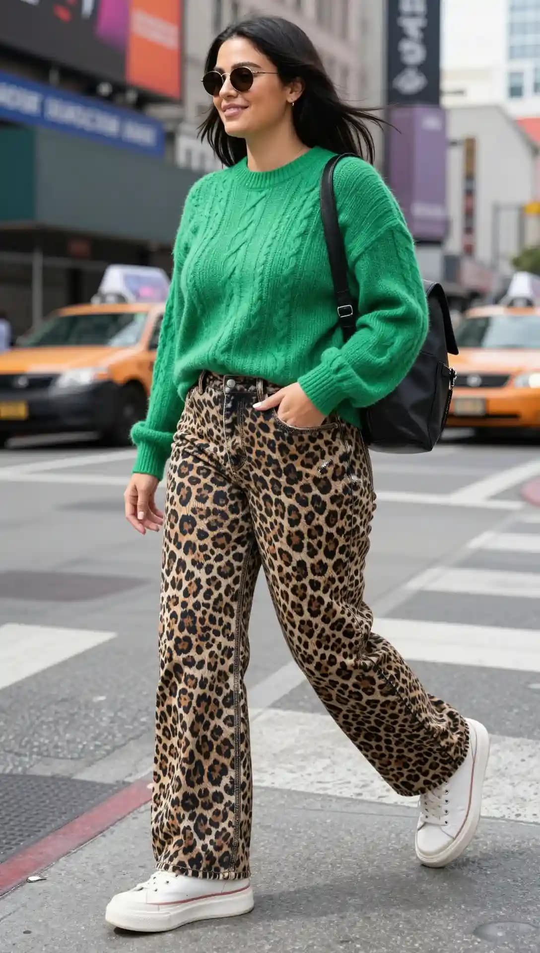 Green Cable Knit Sweater + Leopard Print Jeans