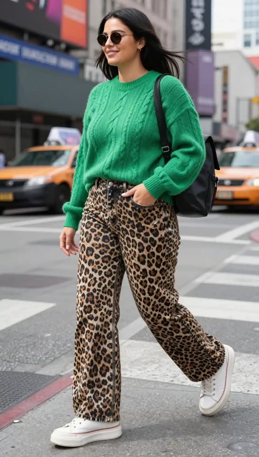 Green Cable Knit Sweater + Leopard Print Jeans