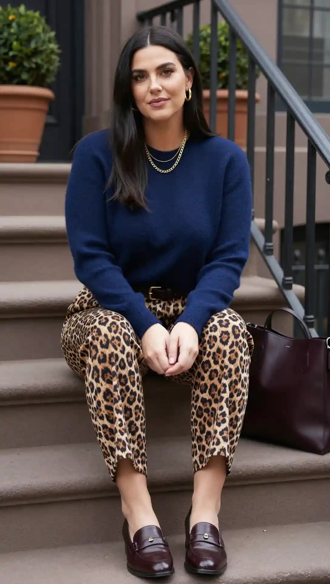 Navy Sweater + Leopard Print Pants + Burgundy Loafers