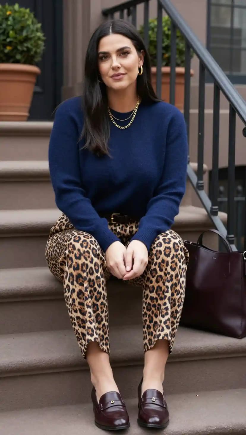 Navy Sweater + Leopard Print Pants + Burgundy Loafers