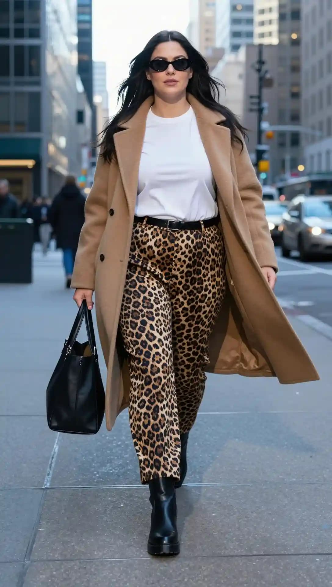 Camel Coat + White T-Shirt + Leopard Print Pants