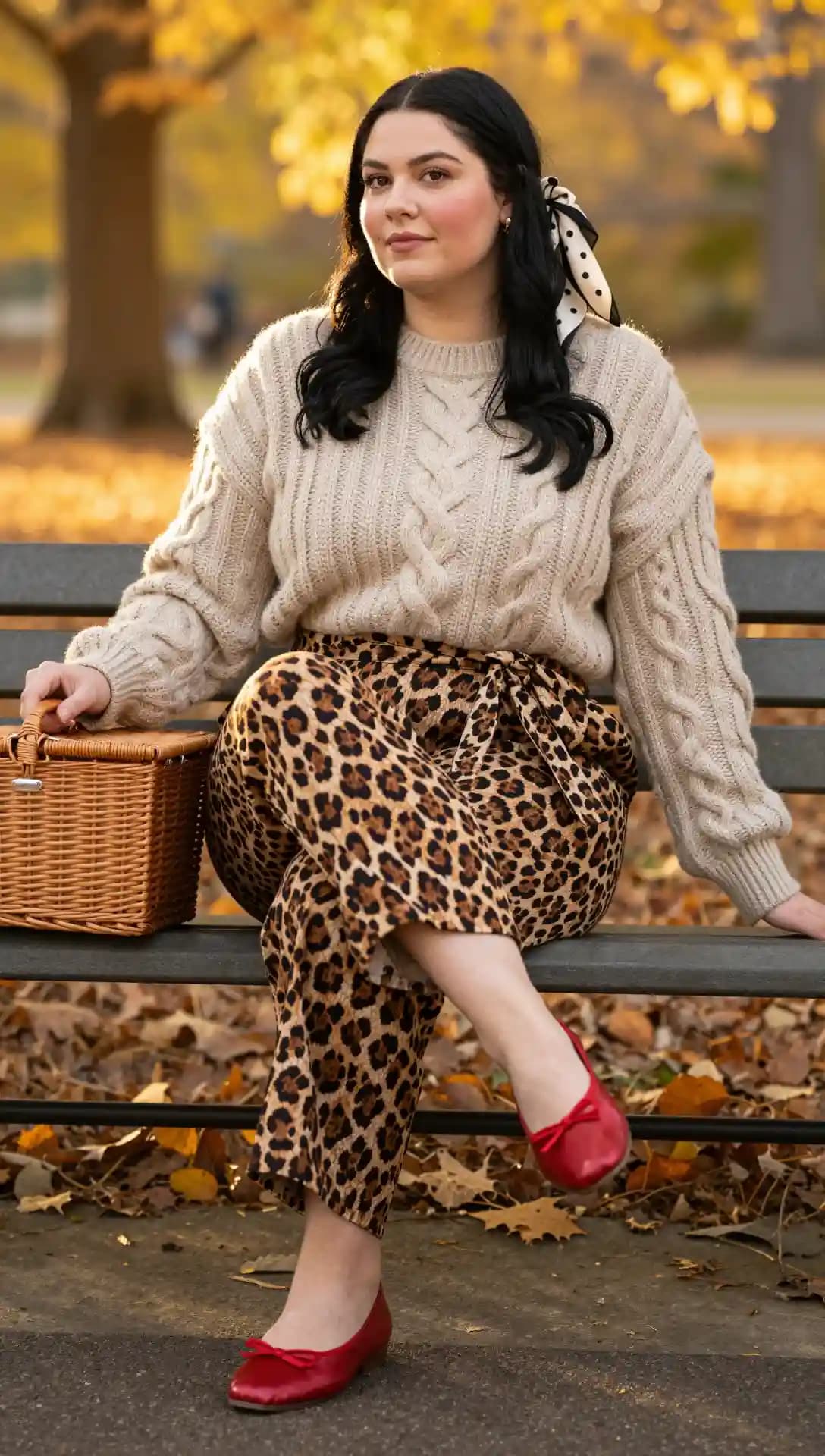 Cream Cable Knit Sweater + Leopard Print Pants + Red Ballet Flats