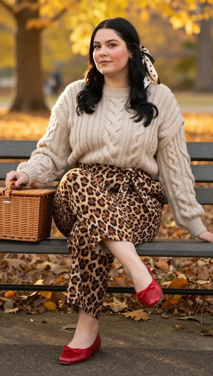 Cream Cable Knit Sweater + Leopard Print Pants + Red Ballet Flats