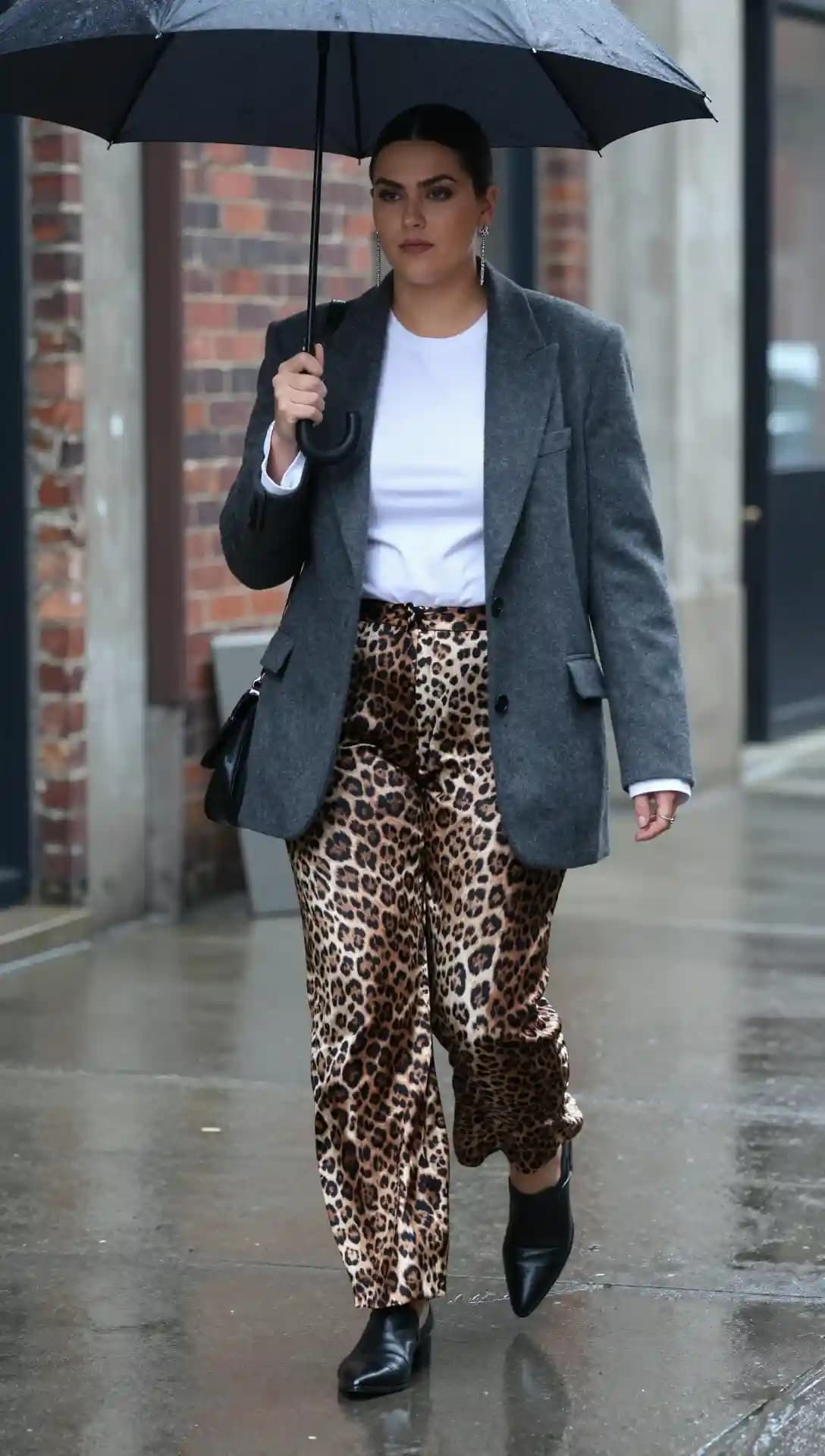Grey Blazer + White T-Shirt + Leopard Print Wide Leg Pants