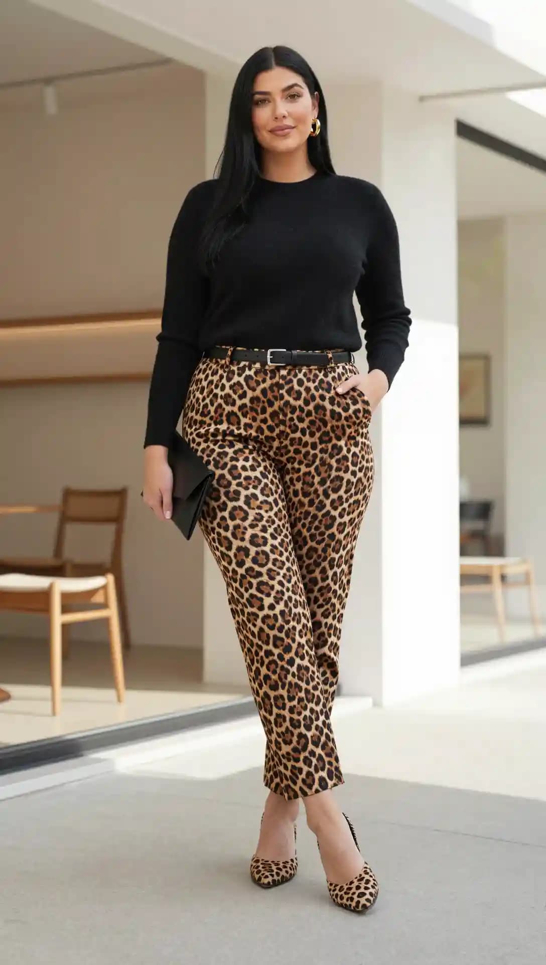 Black Sweater + Black Belt + Leopard Print Pants + Leopard Print Heels