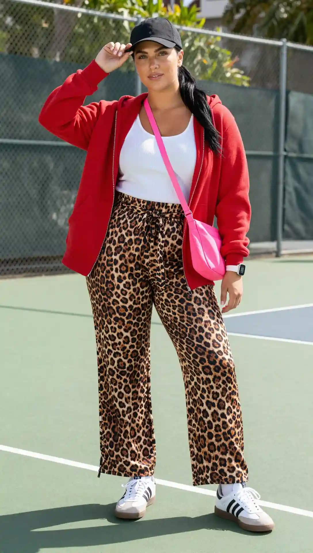 Red Zip-Up Hoodie + White Tank Top + Leopard Print Wide Leg Pants