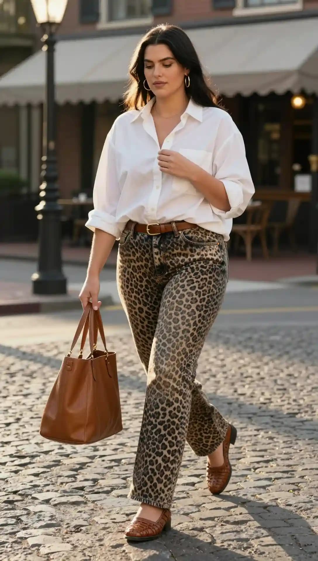 White Button-Down Shirt + Leopard Print Jeans + Brown Belt