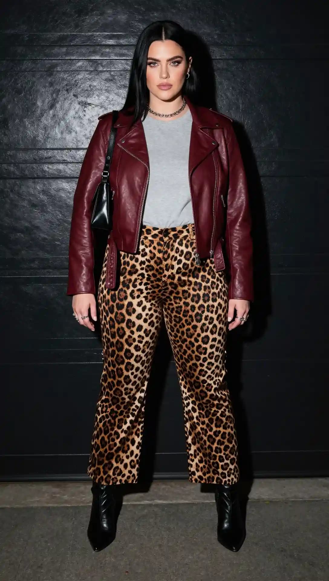 Burgundy Leather Jacket + Grey T-Shirt + Leopard Print Pants
