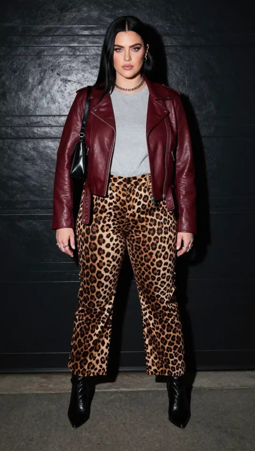Burgundy Leather Jacket + Grey T-Shirt + Leopard Print Pants