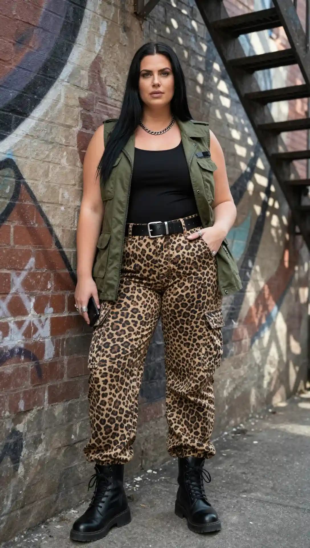 Olive Utility Vest + Black Tank Top + Leopard Print Cargo Pants