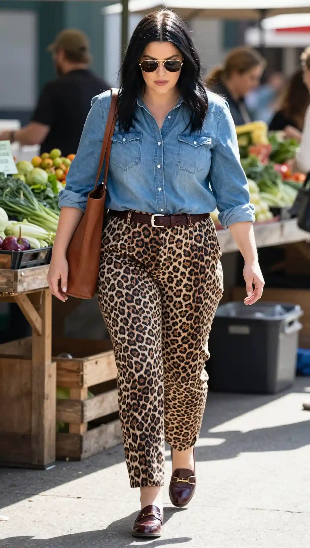 Denim Shirt + Leopard Print Pants + Brown Loafers