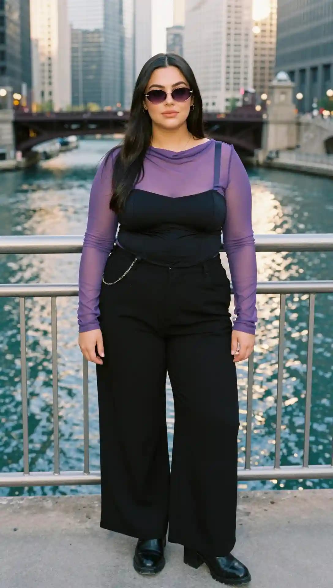 Purple Mesh Top + Black Corset Top + Black Wide-Leg Pants