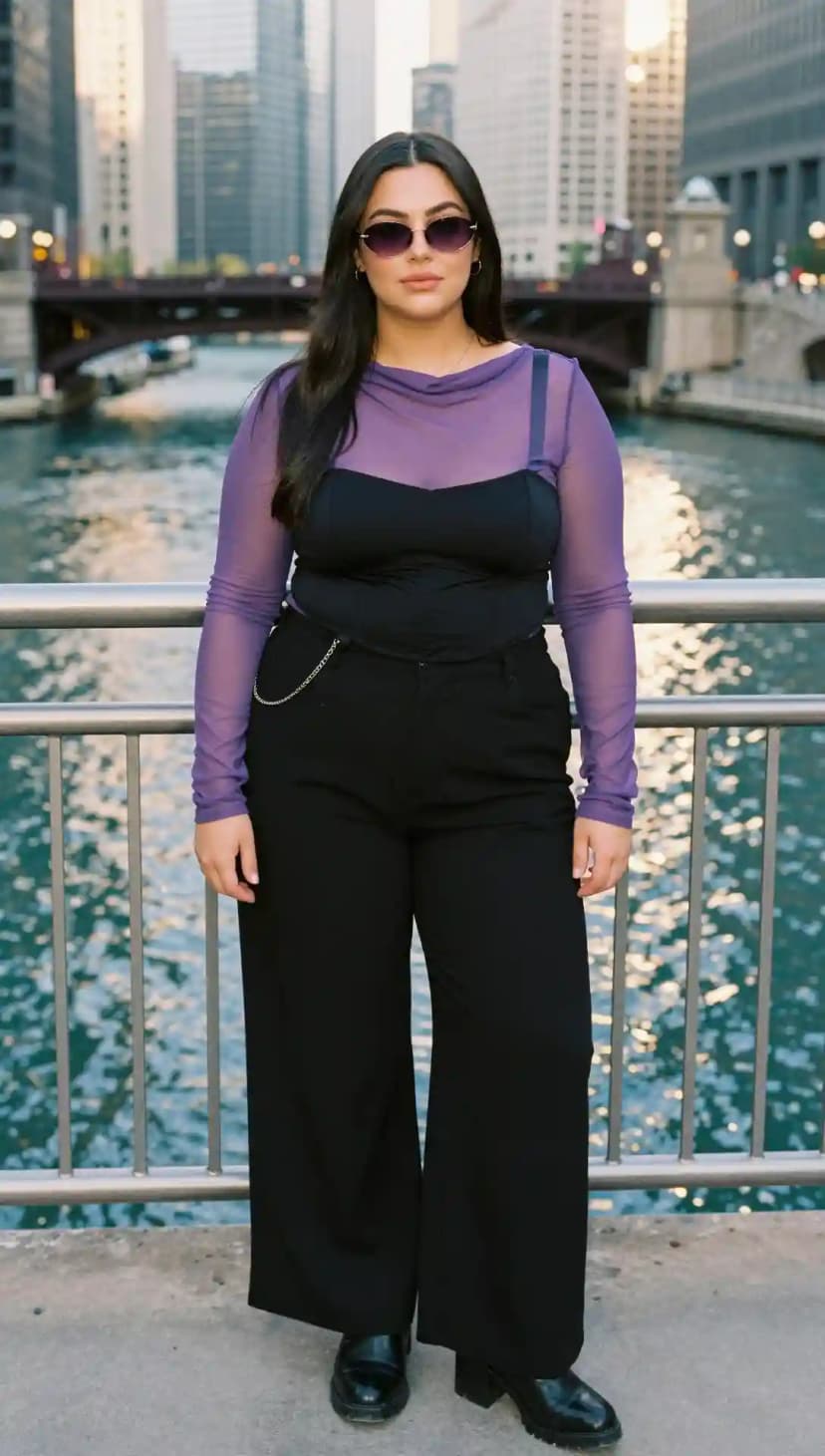 Purple Mesh Top + Black Corset Top + Black Wide-Leg Pants