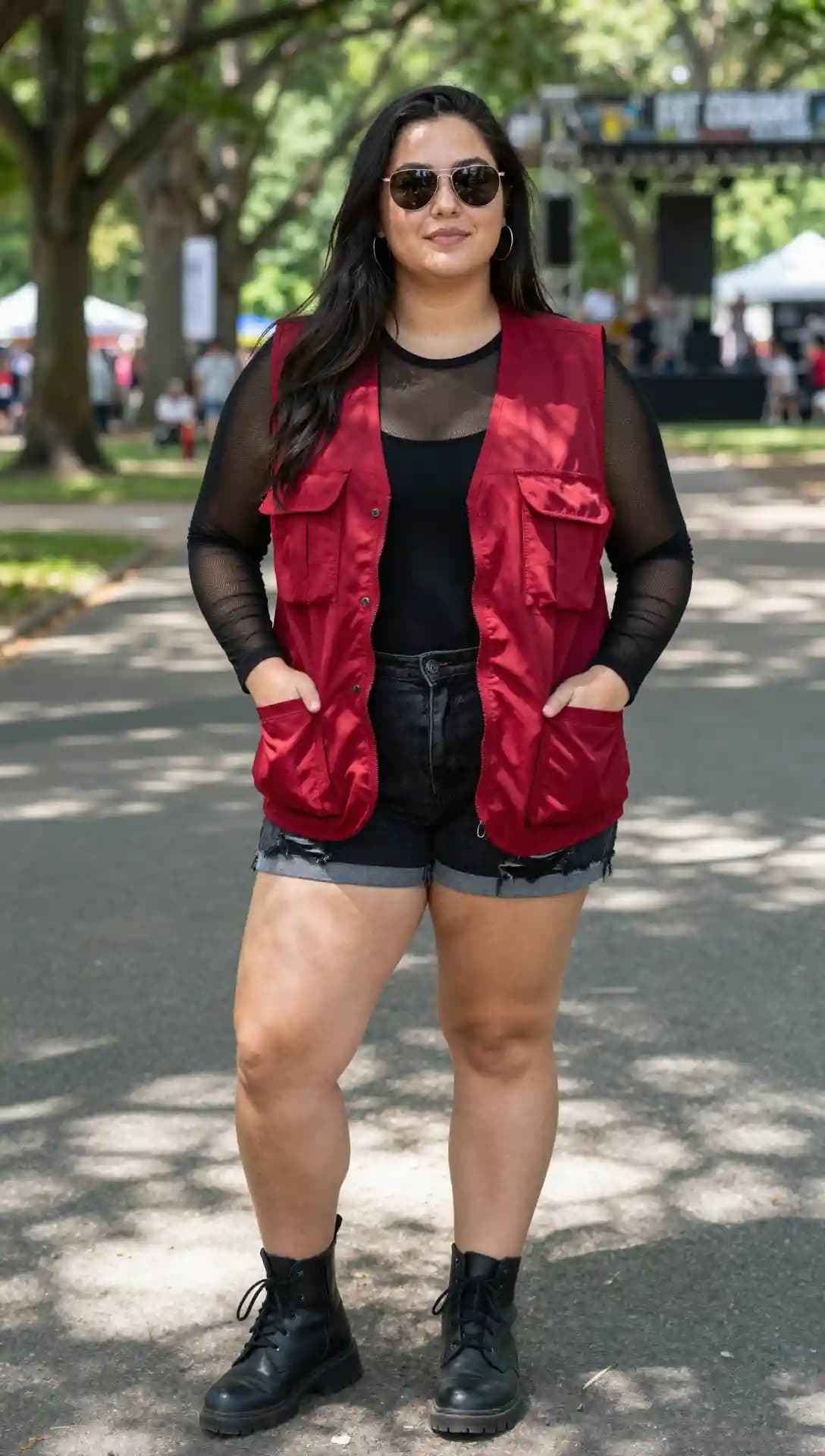 Red Utility Vest + Black Mesh Top + Black Denim Shorts