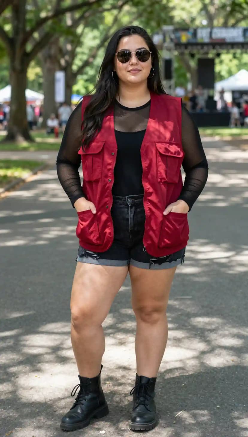 Red Utility Vest + Black Mesh Top + Black Denim Shorts