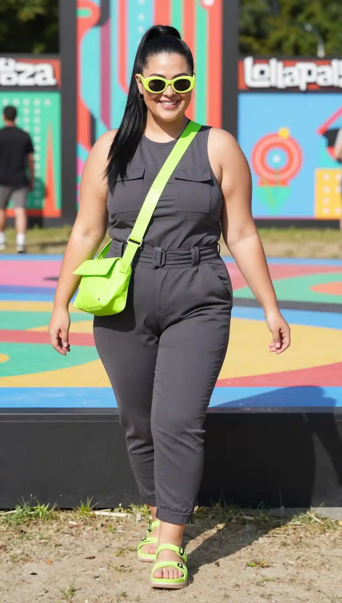 Charcoal Jumpsuit + Lime Green Belt Bag + Lime Green Sandals