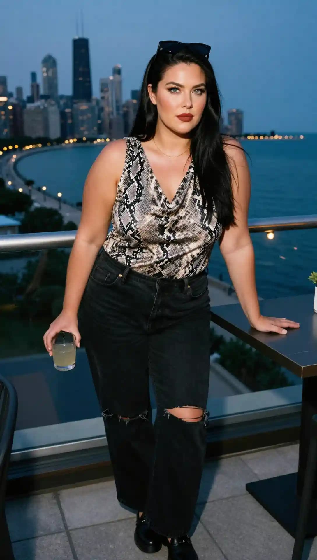Snake Print Cowl Neck Top + Black Ripped Jeans