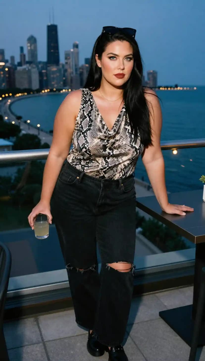 Snake Print Cowl Neck Top + Black Ripped Jeans
