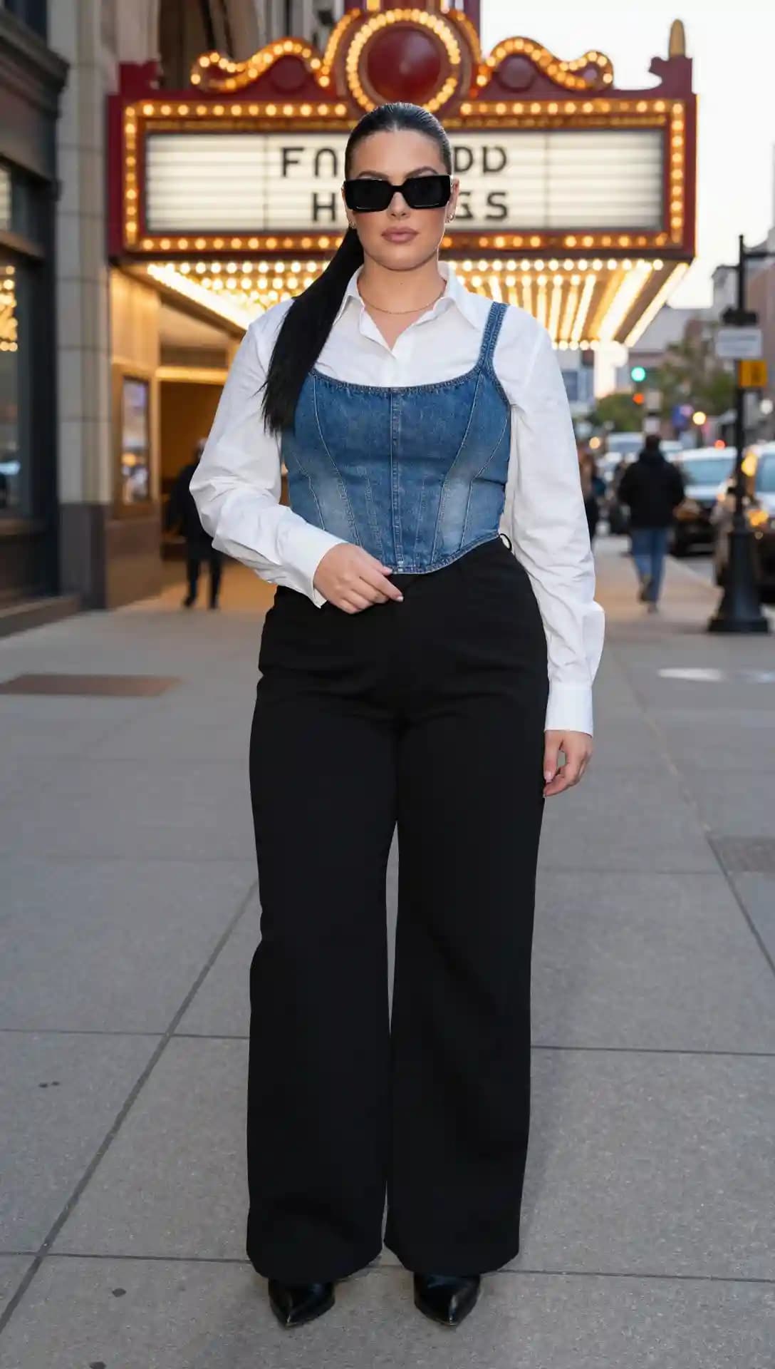 White Button-Up Shirt + Denim Corset Top + Black Wide-Leg Pants