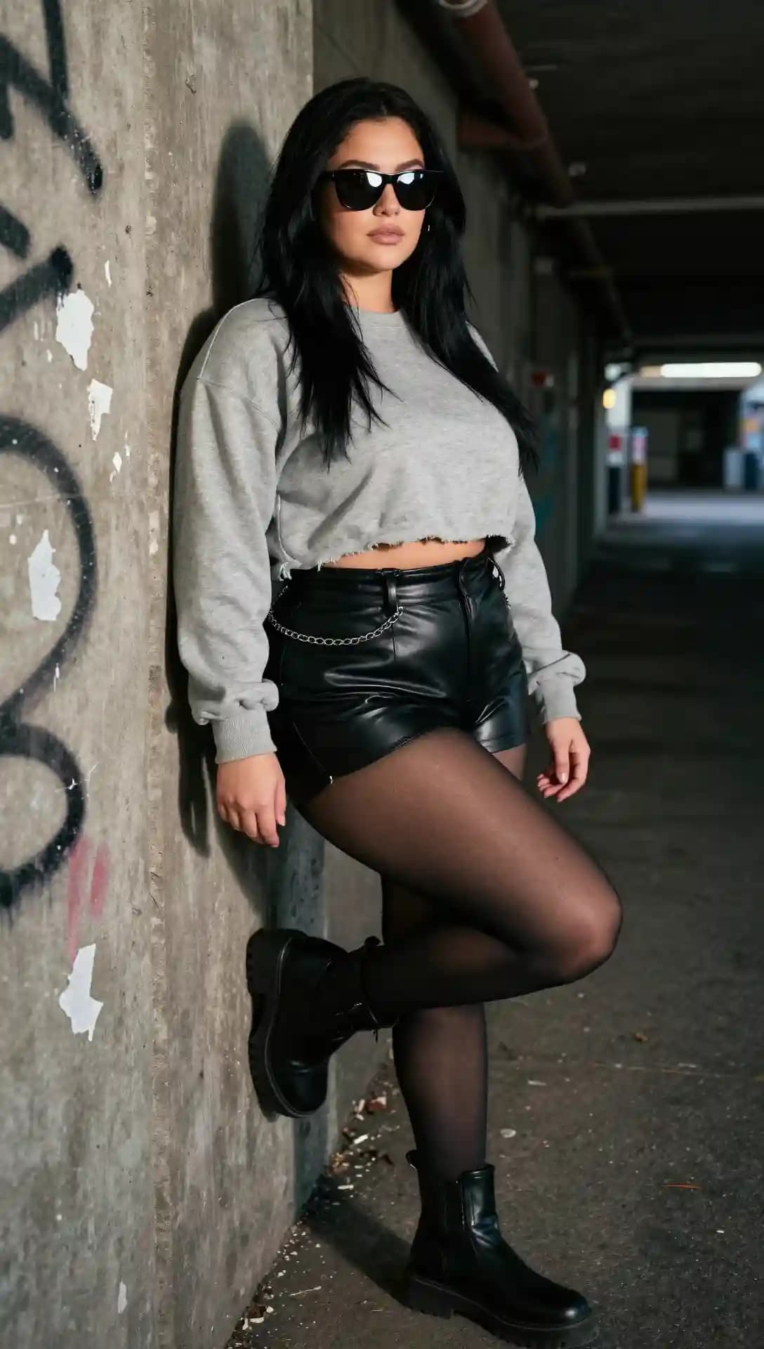 Grey Cropped Sweatshirt + Faux Leather Shorts + Black Tights