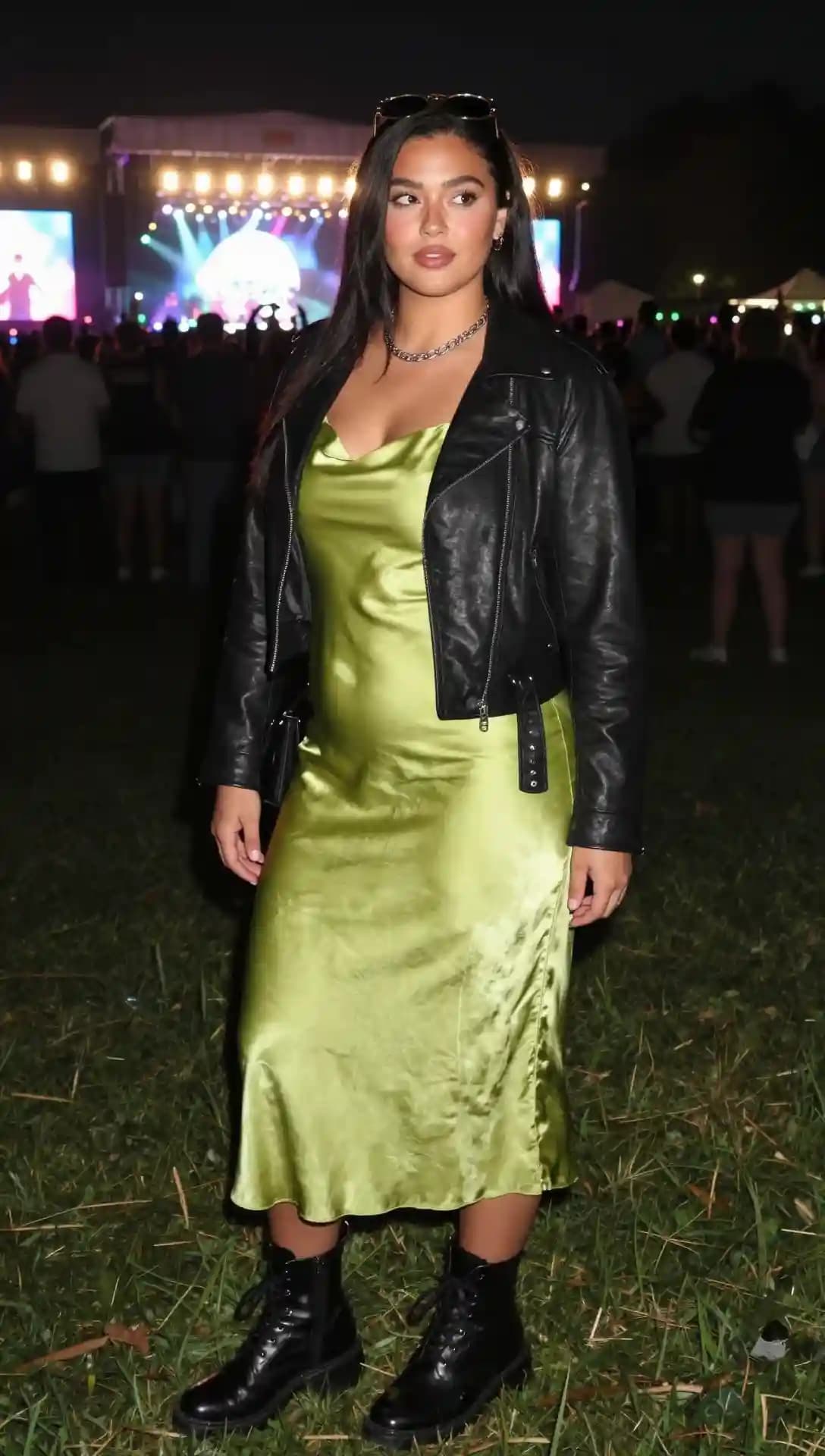 Black Leather Jacket + Lime Green Slip Dress + Black Combat Boots