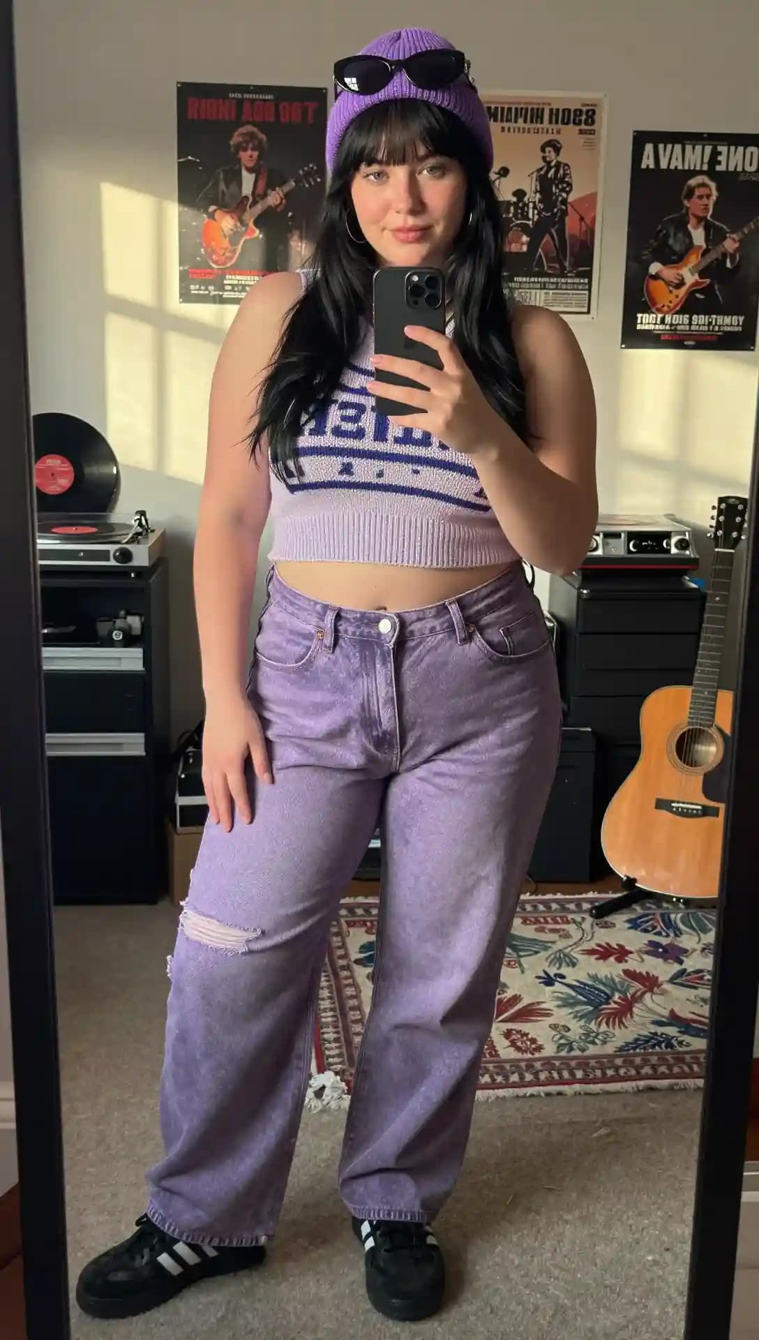 Purple Beanie + Lilac Cropped Sweater Top + Light Wash Distressed Jeans
