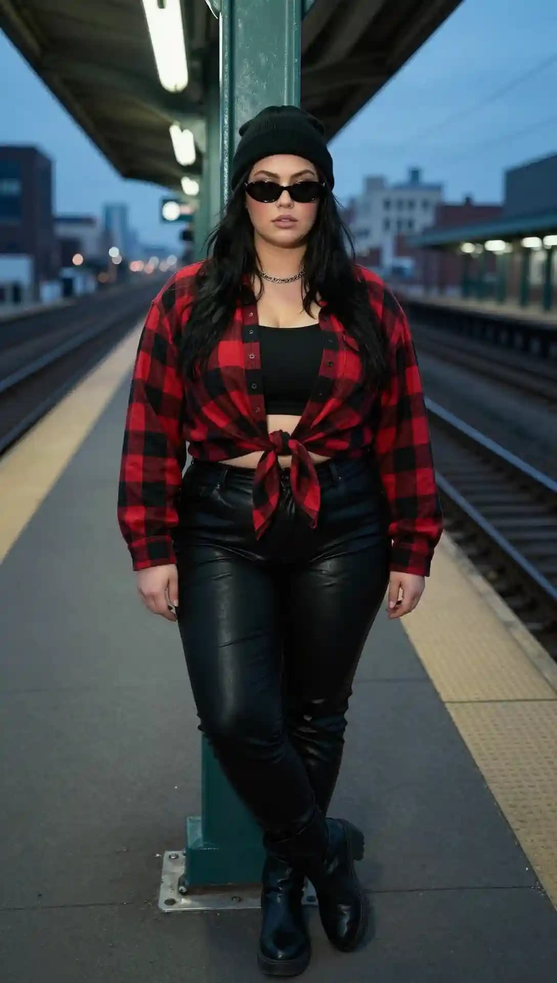Red Plaid Shirt + Black Crop Top + Faux Leather Pants