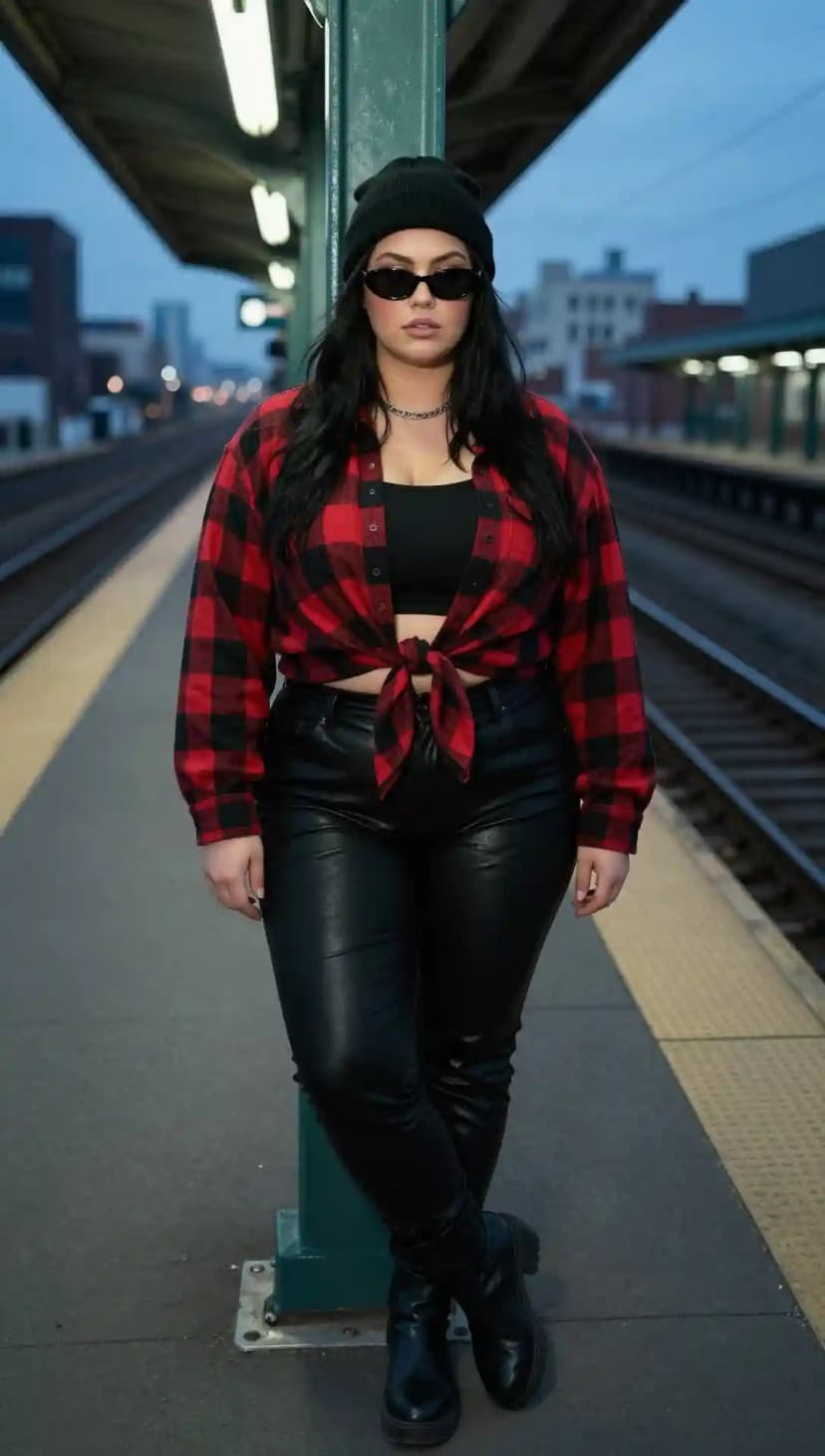 Red Plaid Shirt + Black Crop Top + Faux Leather Pants