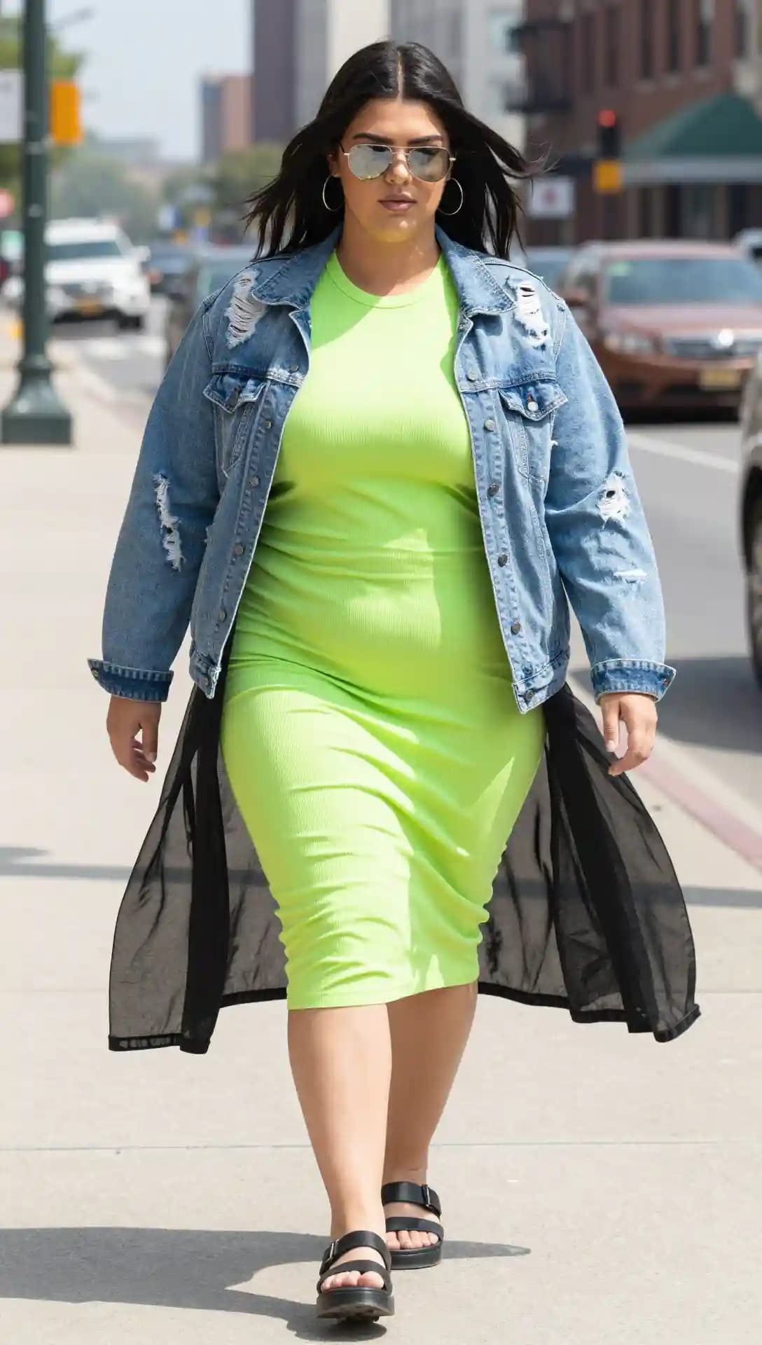 Denim Jacket + Neon Green Dress + Sheer Black Duster