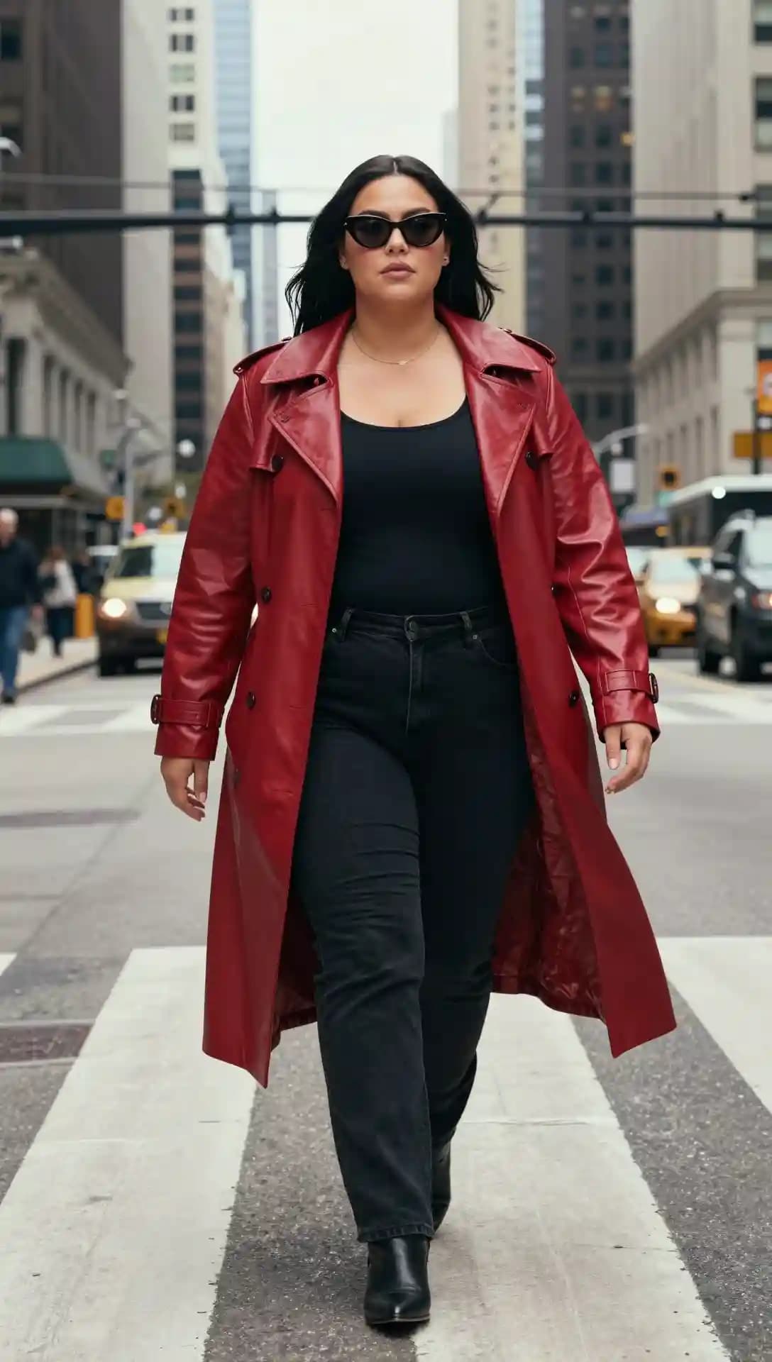 Red Trench Coat + Black Bodysuit + Black Jeans