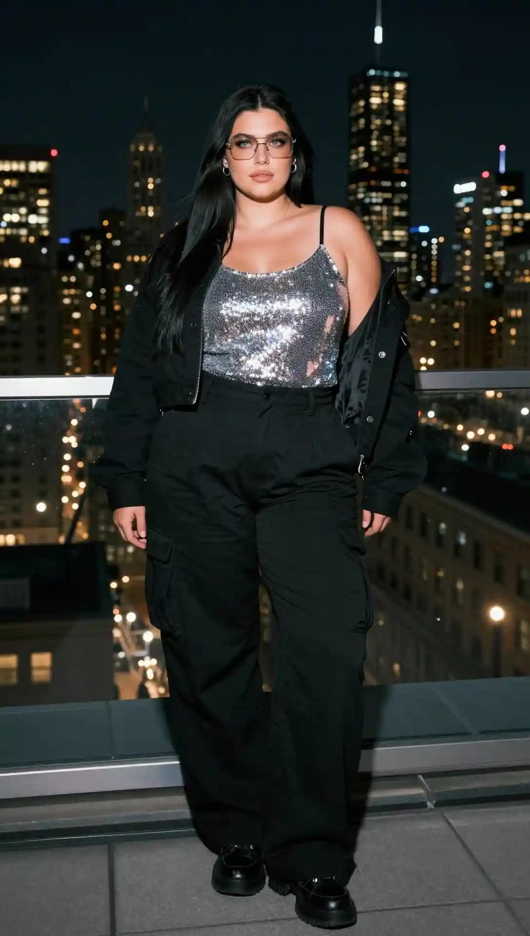 Black Bomber Jacket + Silver Sequin Top + Black Cargo Pants