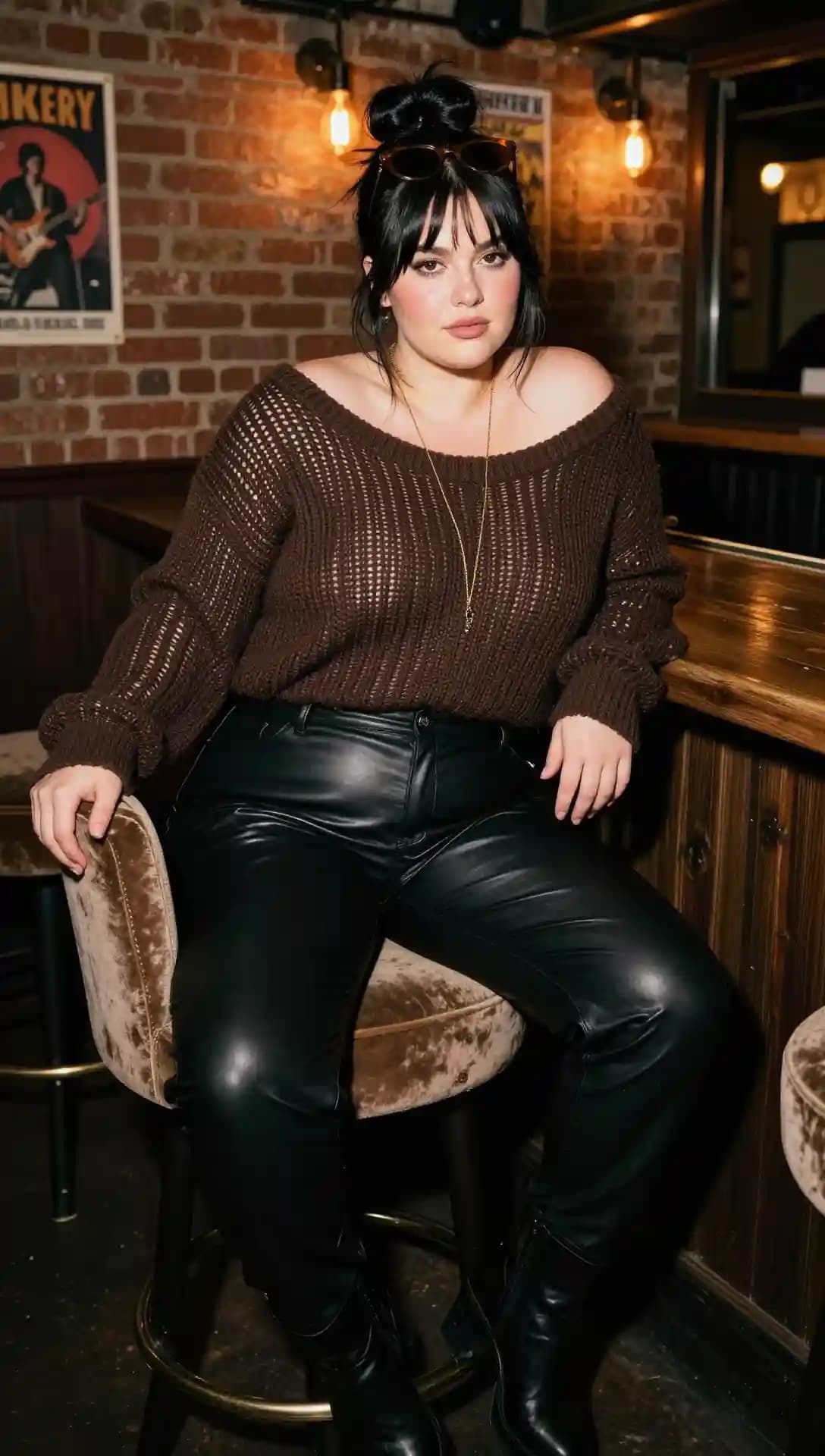 Brown Knit Sweater + Black Faux Leather Pants