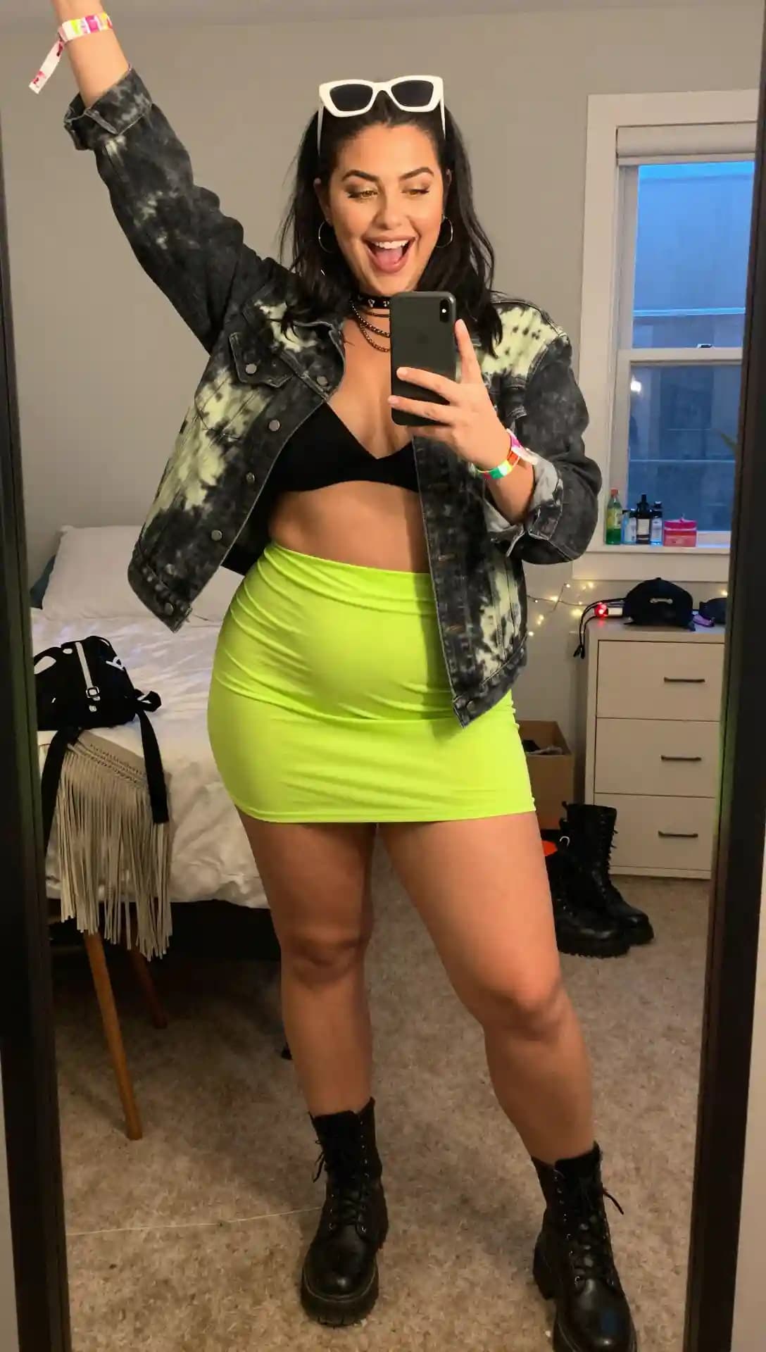 Tie-Dye Denim Jacket + Black Bralette + Neon Green Skirt