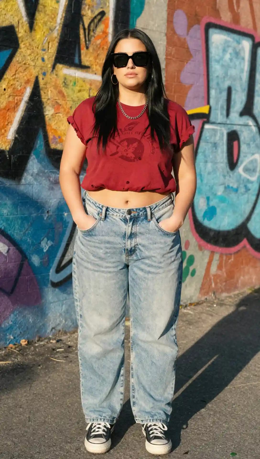 Maroon Band T-Shirt + Light Wash Baggy Jeans