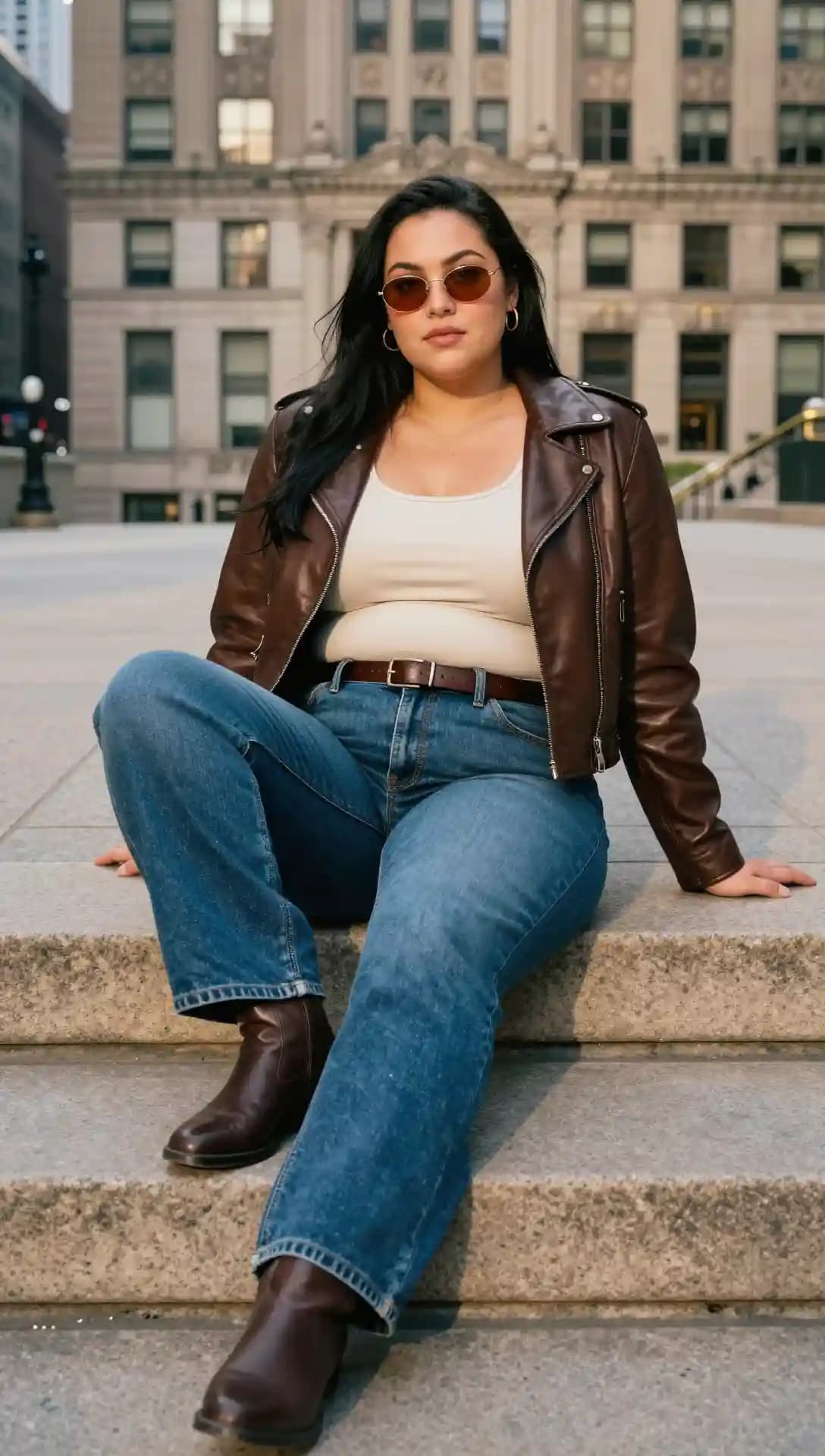 Brown Leather Biker Jacket + Cream Tank Top + Blue Jeans